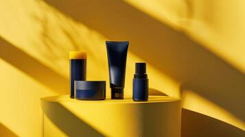 AI generated Navy blue cosmetic packages on a yellow background with shadows, a tube, jar, and bottle on pedestals photo