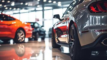 ai generado un de cerca ver de un brillante rojo coche en un sala de exposición con otro vehículos en el antecedentes. el atención es en el frente faro y reja zona foto