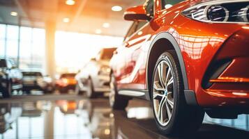 AI generated A close-up view of a shiny red car in a showroom with other vehicles in the background. The focus is on the front headlight and grille area photo