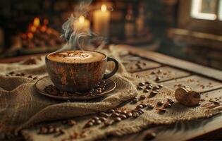 AI generated A steaming cup of coffee with latte art on a saucer decorated with coffee beans, on a rustic wooden table in a cozy kitchen setting photo