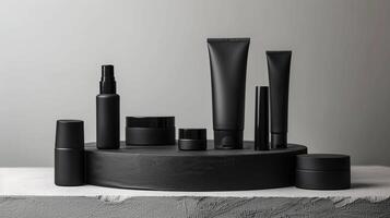 AI generated A collection of unbranded black beauty product packaging on a circular platform with a textured dark background illuminated by a slanted light beam, stand with copy space for text photo