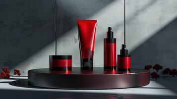 AI generated A collection of red cosmetic packaging mockups on a gray platform with shadow patterns cast on a light background. Mockup, template photo