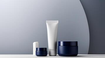 AI generated Three minimalist cosmetic jars in navy blue and white are displayed against a soft gradient background, perfect for beauty branding photo