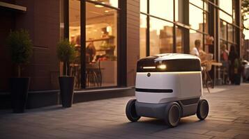 AI Generated The photo shows a compact, autonomous delivery robot with a polished design, navigating a corridor indoors, possibly ready for contactless delivery