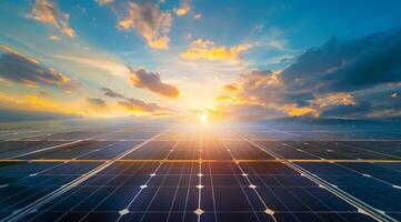 AI generated A vast solar panel array captures the golden rays of the setting sun, highlighting renewable energy potential photo