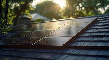 ai generado un Respetuoso del medio ambiente moderno casa con grande solar paneles en el techo durante oscuridad, exhibiendo sostenible vivo y energía eficiencia foto