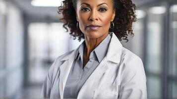 AI generated Middle aged African American woman doctor in hospital, white colors photo