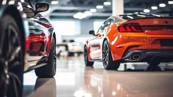 ai generado un de cerca ver de un brillante rojo coche en un sala de exposición con otro vehículos en el antecedentes. el atención es en el frente faro y reja zona foto