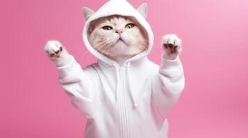 AI generated Fashion-forward cat in sunglasses and hoodie strikes a playful pose on a pink background, with ample space for your text photo