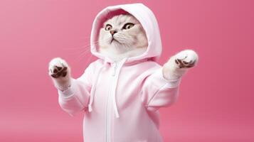 AI generated Fashion-forward cat in sunglasses and hoodie strikes a playful pose on a pink background, with ample space for your text photo