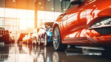 AI generated A close-up view of a shiny red car in a showroom with other vehicles in the background. The focus is on the front headlight and grille area photo