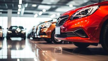 AI generated A close-up view of a shiny red car in a showroom with other vehicles in the background. The focus is on the front headlight and grille area photo