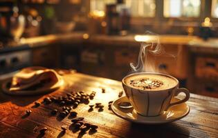 AI generated A steaming cup of coffee with latte art on a saucer decorated with coffee beans, on a rustic wooden table in a cozy kitchen setting photo