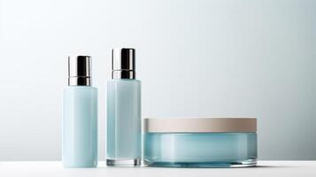 AI generated A trio of sleek cosmetic bottles with a minimalist design on a muted backdrop, perfect for branding photo