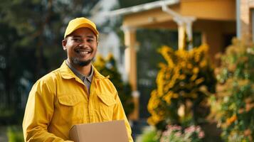 ai generado un alegre entrega hombre en un amarillo uniforme con un gorra sonrisas, participación un paquete, Listo a hacer un peldaño entrega en un residencial zona foto