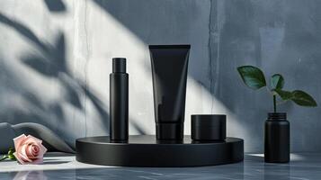 AI generated A collection of unbranded black beauty product packaging on a circular platform with a textured dark background illuminated by a slanted light beam, stand with copy space for text photo