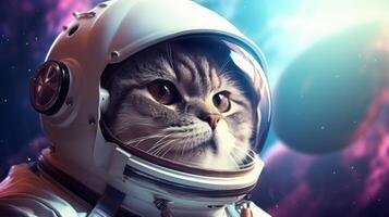 AI generated A cat in an astronaut helmet gazes into space, with cosmic backgrounds of stars and nebulae. The image displays a creative blend of sci-fi and pet themes photo