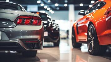 AI generated A close-up view of a shiny red car in a showroom with other vehicles in the background. The focus is on the front headlight and grille area photo