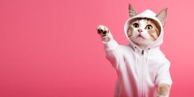 AI generated Fashion-forward cat in sunglasses and hoodie strikes a playful pose on a pink background, with ample space for your text photo