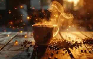 AI generated A warm, inviting cup of coffee emits steam on a rustic wooden table amidst scattered coffee beans, with a bokeh light backdrop photo