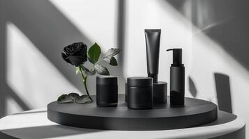 AI generated A collection of unbranded black beauty product packaging on a circular platform with a textured dark background illuminated by a slanted light beam, stand with copy space for text photo