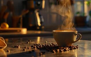 AI generated A steaming cup of coffee with latte art on a saucer decorated with coffee beans, on a rustic wooden table in a cozy kitchen setting photo