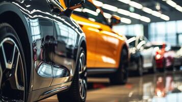 AI generated A lineup of colorful luxury cars in a show room, showcasing a prominent yellow car in front with a focus on the headlight and grille photo