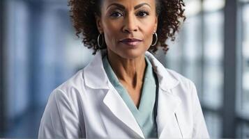 AI generated Middle aged African American woman doctor in hospital, white colors photo