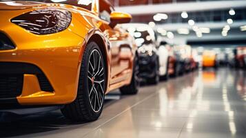 AI generated A lineup of colorful luxury cars in a show room, showcasing a prominent yellow car in front with a focus on the headlight and grille photo