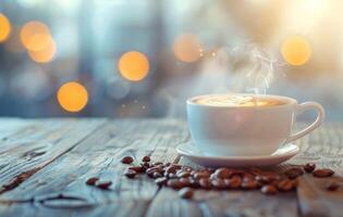 AI generated A warm, inviting cup of coffee emits steam on a rustic wooden table amidst scattered coffee beans, with a bokeh light backdrop photo