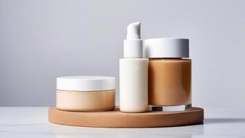 AI generated Three cosmetic jars of various sizes on a wood stand against a gray background photo