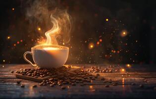 AI generated A warm, inviting cup of coffee emits steam on a rustic wooden table amidst scattered coffee beans, with a bokeh light backdrop photo