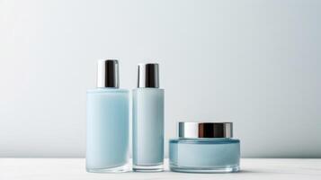 AI generated A trio of sleek cosmetic bottles with a minimalist design on a muted backdrop, perfect for branding photo