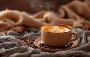 AI generated A warm and inviting cup of latte art on a saucer surrounded by coffee beans, exuding steam, set against a soft, textured backdrop photo