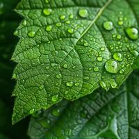 ai generado un de cerca de un verde hoja con agua gotas debajo luz de sol, destacando el intrincado patrones y Fresco apariencia de el follaje foto