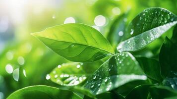 AI generated A close-up of a green leaf with water droplets under sunlight, highlighting the intricate patterns and fresh appearance of the foliage photo
