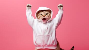 AI generated Fashion-forward cat in sunglasses and hoodie strikes a playful pose on a pink background, with ample space for your text photo