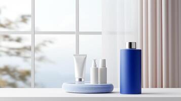 AI generated A sleek cosmetic mockup scene featuring a cream jar, serum pump bottle, and tube on a geometric blue platform against a dual-tone background photo