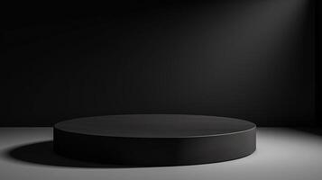 AI generated A black circular podium on a dark background with a spotlight. Ideal for product display, especially for showcasing cosmetic designs photo