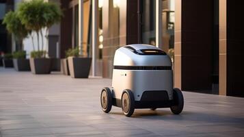AI Generated The photo shows a compact, autonomous delivery robot with a polished design, navigating a corridor indoors, possibly ready for contactless delivery