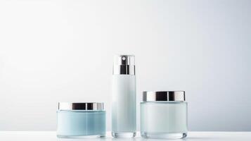 AI generated A trio of sleek cosmetic bottles with a minimalist design on a muted backdrop, perfect for branding photo