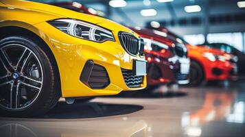 AI generated A lineup of colorful luxury cars in a show room, showcasing a prominent yellow car in front with a focus on the headlight and grille photo