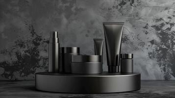 AI generated A collection of unbranded black beauty product packaging on a circular platform with a textured dark background illuminated by a slanted light beam, stand with copy space for text photo