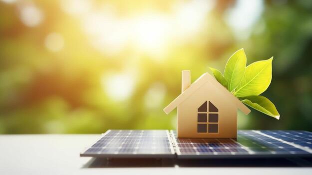 AI generated A model house with a green leaf on the roof is placed next to solar panels with a bright, sunlit background, symbolizing eco-friendly energy solutions for smart homes photo