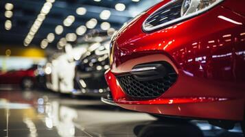 AI generated A close-up view of a shiny red car in a showroom with other vehicles in the background. The focus is on the front headlight and grille area photo