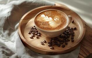 ai generado un humeante taza de latté Arte café descansando en un de madera superficie, rodeado por café frijoles y arpillera, evocando un cálido, acogedor atmósfera foto