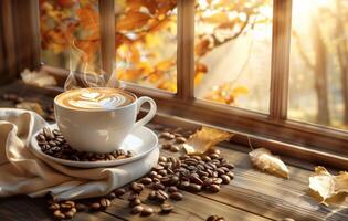 AI generated A cozy autumnal setting features a steaming cup of latte with latte art, surrounded by coffee beans, a warm scarf, and vibrant leaves photo