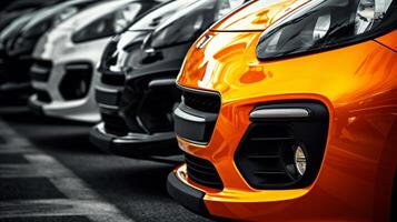 AI generated A lineup of colorful luxury cars in a show room, showcasing a prominent yellow car in front with a focus on the headlight and grille photo