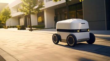 AI Generated The photo shows a compact, autonomous delivery robot with a polished design, navigating a corridor indoors, possibly ready for contactless delivery