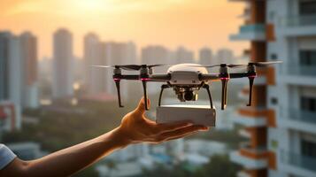 AI generated Close-up shot of a person's hands receiving a food delivery from a drone right outside their apartment window, high-rise buildings in the background, warm lighting photo